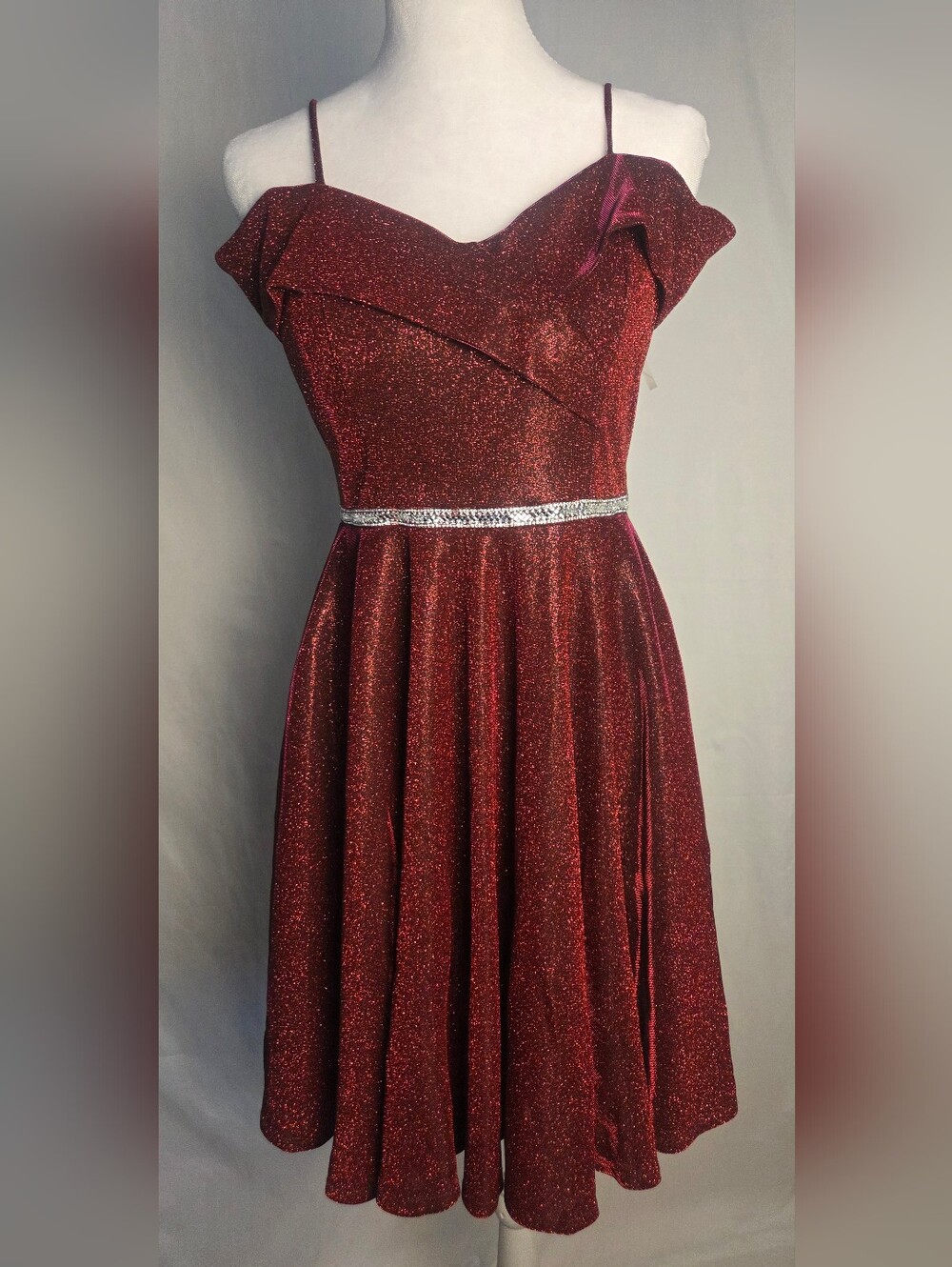 RORY Off-Shoulder Sparkle Burgundy Party Dress